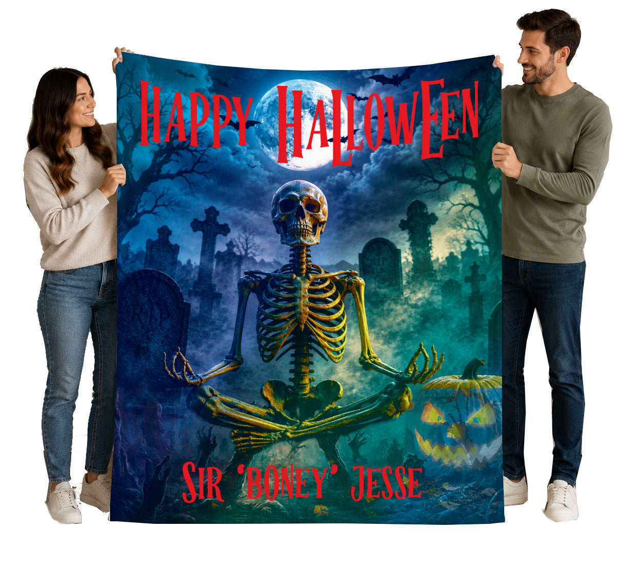 Optional Personalized Halloween Meditating Skeleton Blanket | Bone Man in Graveyard | Fall Season Tapestry Decor | Eerie Creepy Autumn Gift