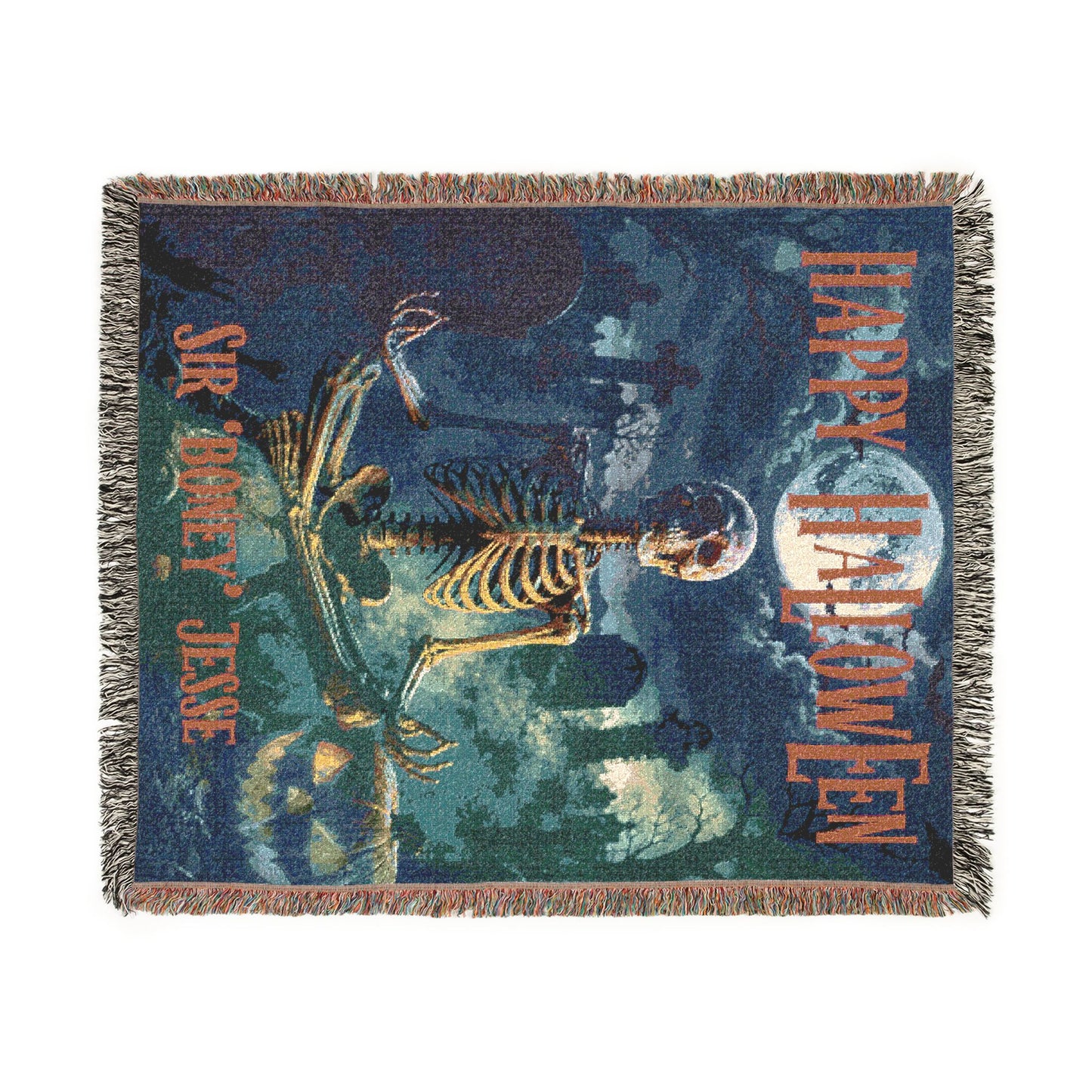 Optional Personalized Halloween Meditating Skeleton Blanket | Bone Man in Graveyard | Fall Season Tapestry Decor | Eerie Creepy Autumn Gift