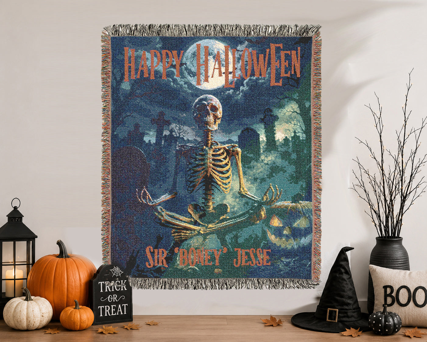 Optional Personalized Halloween Meditating Skeleton Blanket | Bone Man in Graveyard | Fall Season Tapestry Decor | Eerie Creepy Autumn Gift