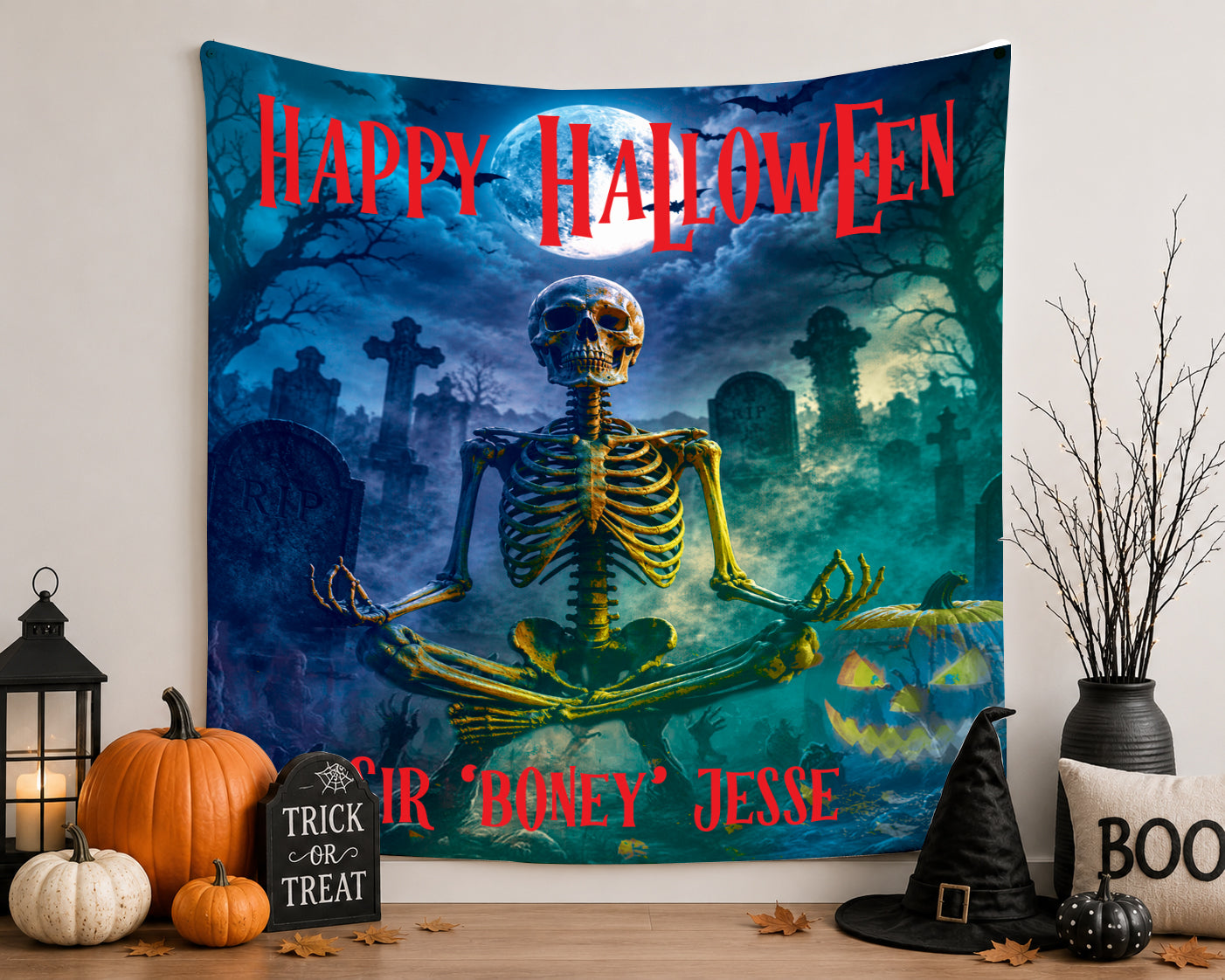 Optional Personalized Halloween Meditating Skeleton Blanket | Bone Man in Graveyard | Fall Season Tapestry Decor | Eerie Creepy Autumn Gift