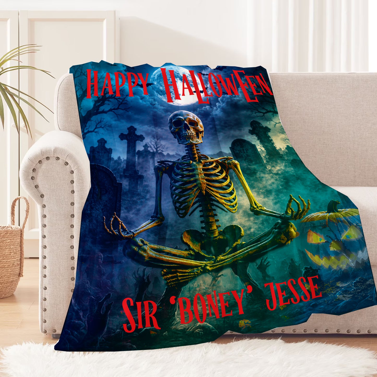 Optional Personalized Halloween Meditating Skeleton Blanket | Bone Man in Graveyard | Fall Season Tapestry Decor | Eerie Creepy Autumn Gift