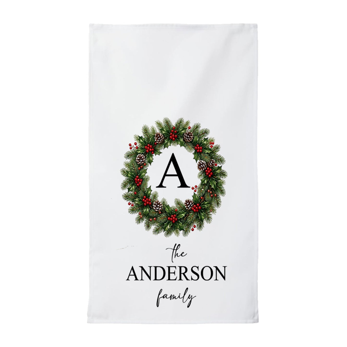 Personalized Monogrammed Christmas Wreath Tea Towel | Custom Family Name Kitchen Towel | Holly Wreath Kitchen Hostess Gift | Farmhouse Decor