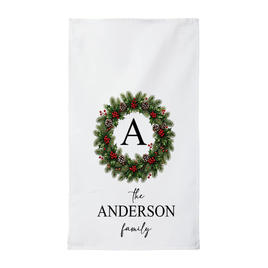 Personalized Monogrammed Christmas Wreath Tea Towel | Family Name