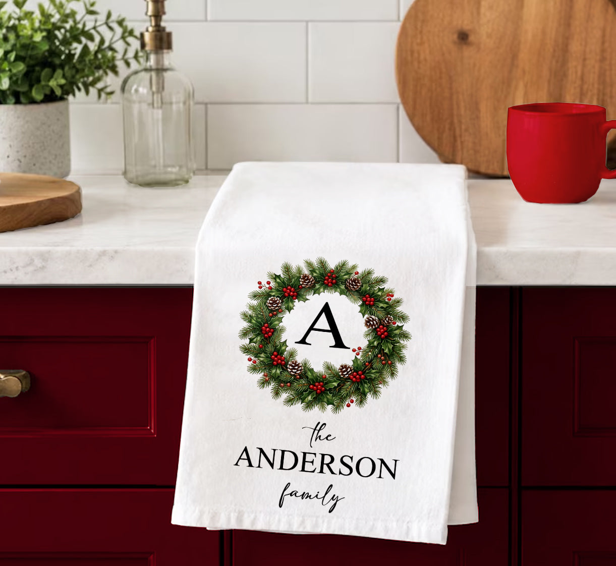 Personalized Monogrammed Christmas Wreath Tea Towel | Custom Family Name Kitchen Towel | Holly Wreath Kitchen Hostess Gift | Farmhouse Decor