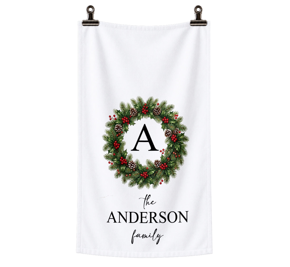 Personalized Monogrammed Christmas Wreath Tea Towel | Custom Family Name Kitchen Towel | Holly Wreath Kitchen Hostess Gift | Farmhouse Decor