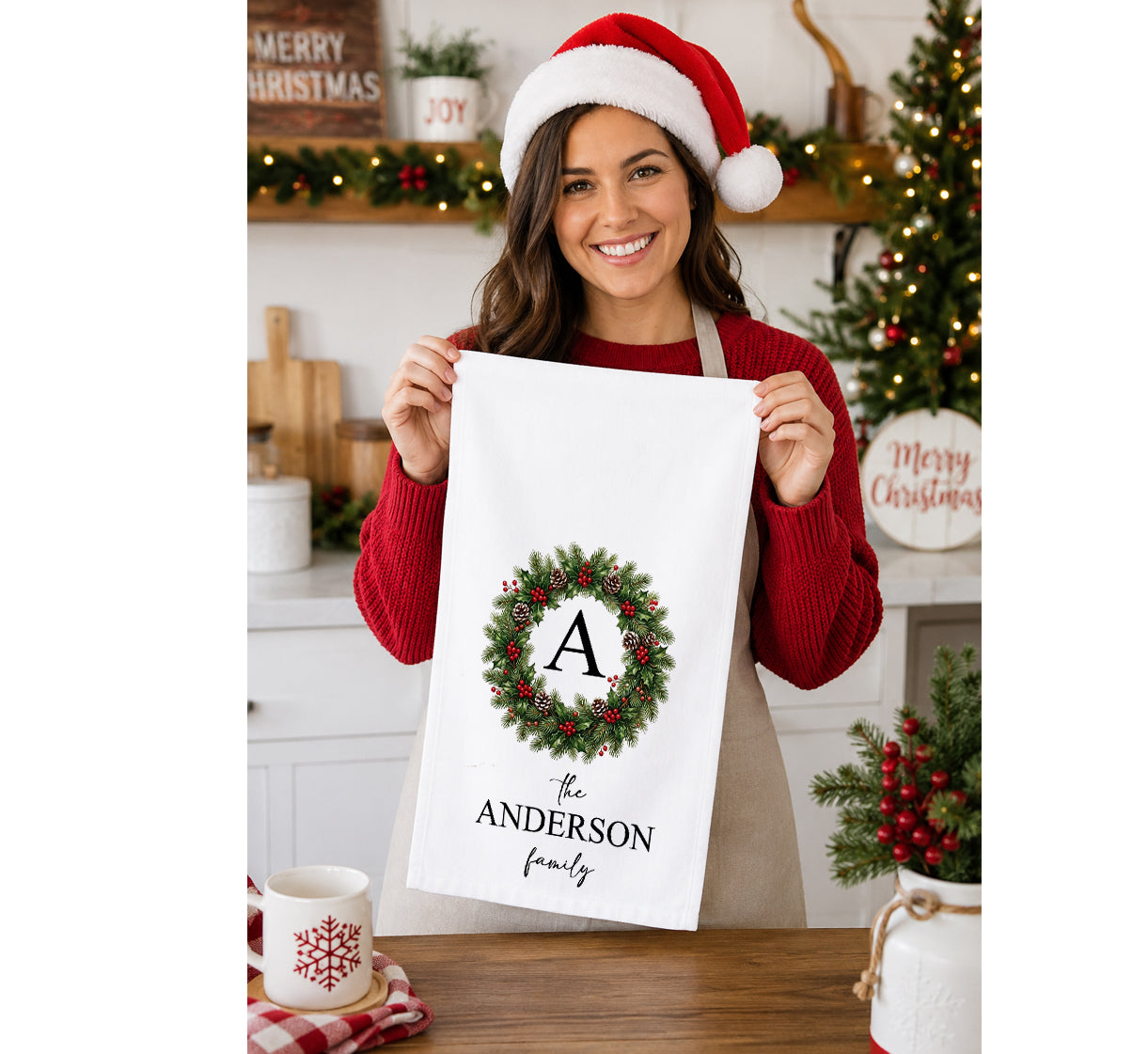 Personalized Monogrammed Christmas Wreath Tea Towel | Custom Family Name Kitchen Towel | Holly Wreath Kitchen Hostess Gift | Farmhouse Decor