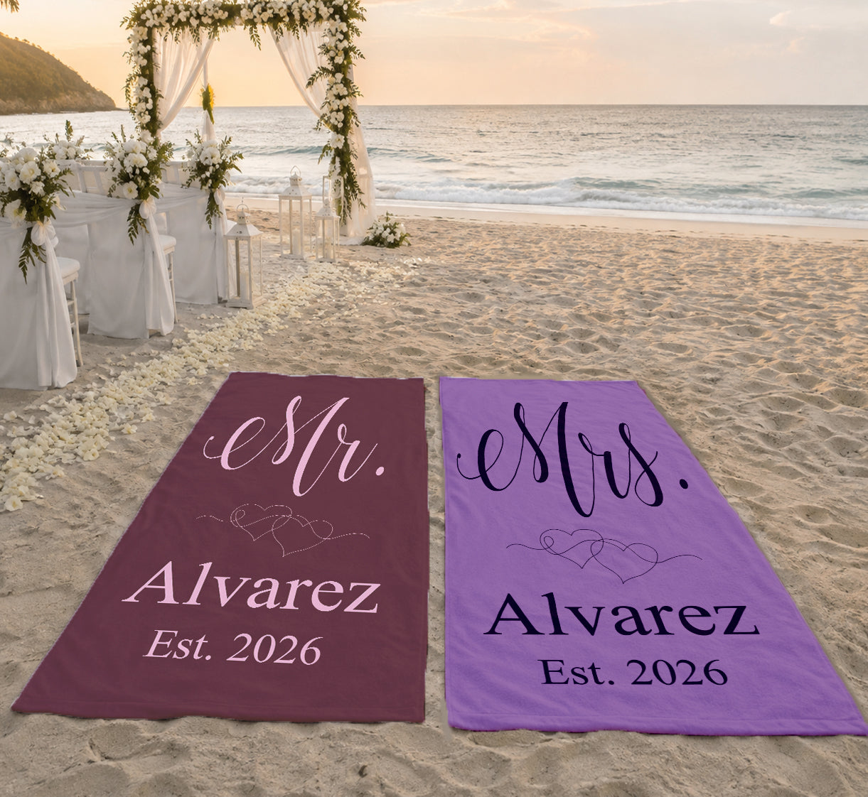 Personalized Mr and Mrs Beach Towel Set  | Honeymoon Gift