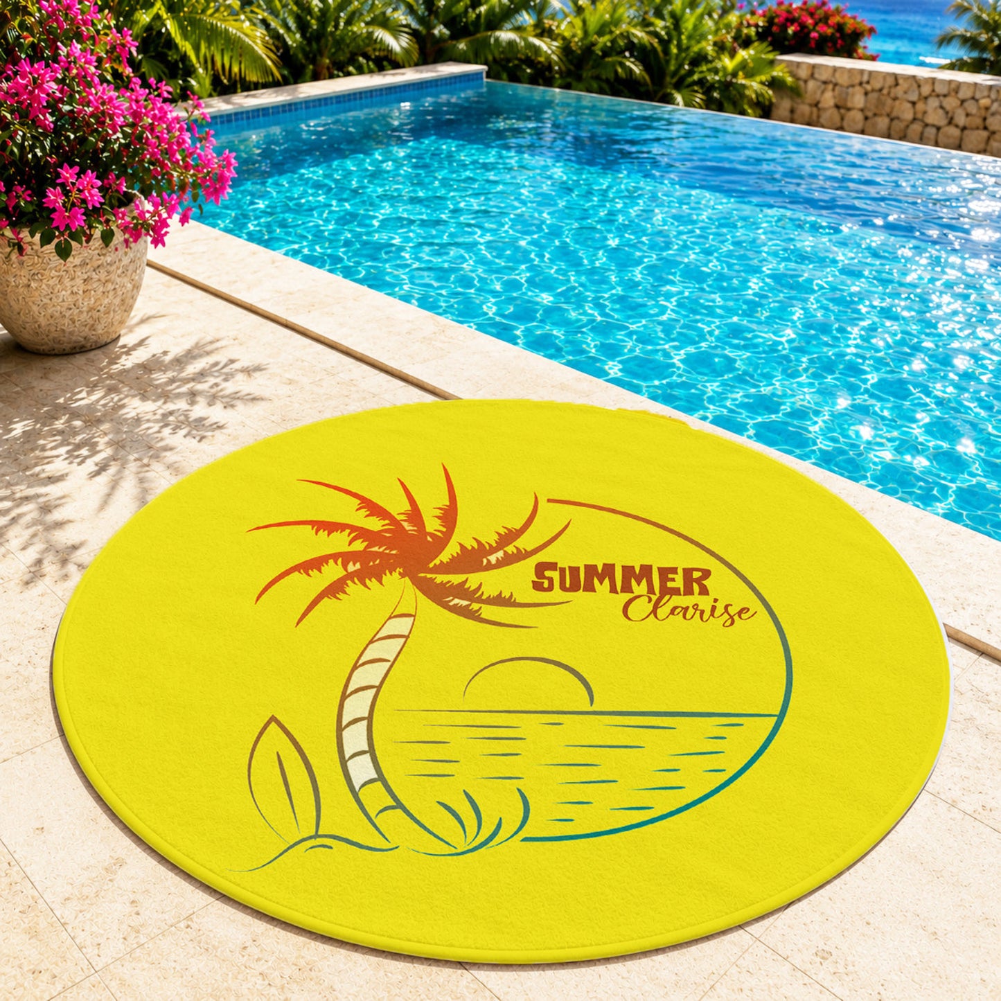 Custom Personalized Round Beach Towel with Text | Beachy Palm Sea Tree Design | Summer Vacation | Back to School | Friends Beach Day Gift