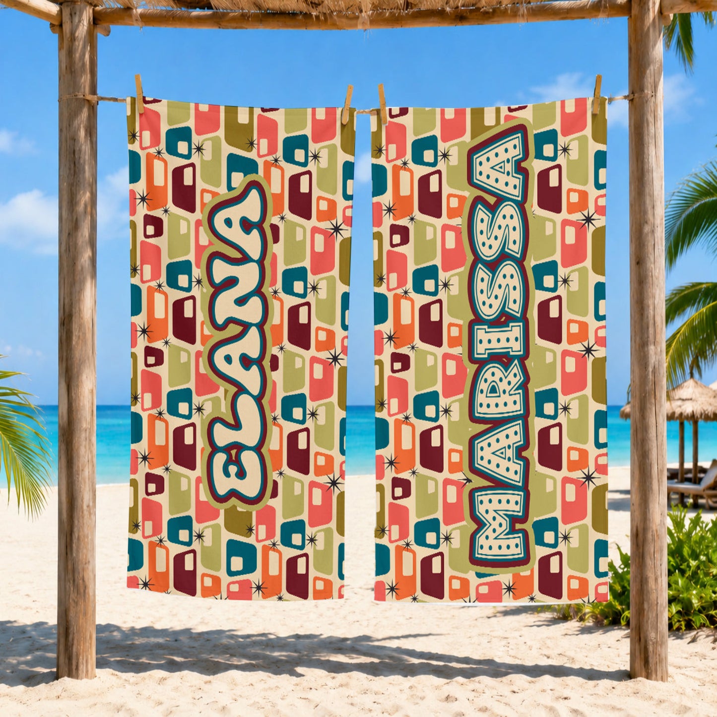 Personalized Retro Block Pattern Beach Towel | Groovy Inspired Style | Summer Vacation Towel Gift | Beach Trip Keepsake | Vintage Towel Gift
