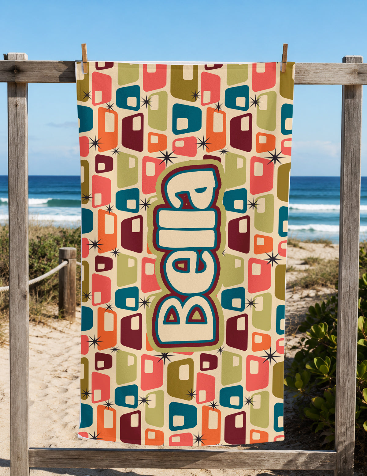 Personalized Retro Block Pattern Beach Towel | Groovy Inspired Style | Summer Vacation Towel Gift | Beach Trip Keepsake | Vintage Towel Gift