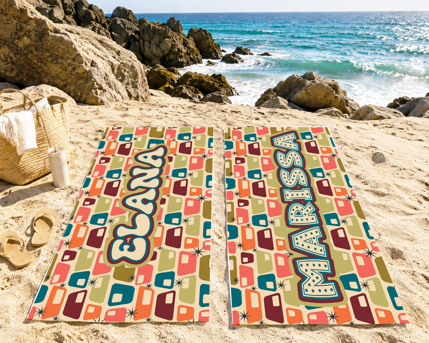 Personalized Retro Block Pattern Beach Towel | Groovy Inspired Style | Summer Vacation Towel Gift | Beach Trip Keepsake | Vintage Towel Gift