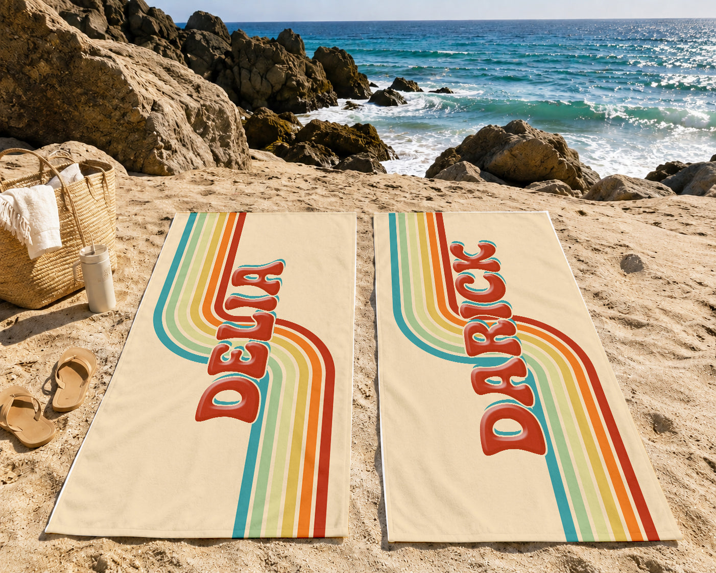 Personalized Retro Stripes Beach Towel | Groovy Inspired Style | Summer Vacation Towel Gift | Beach Trip Keepsake | Vintage Towel Gifts
