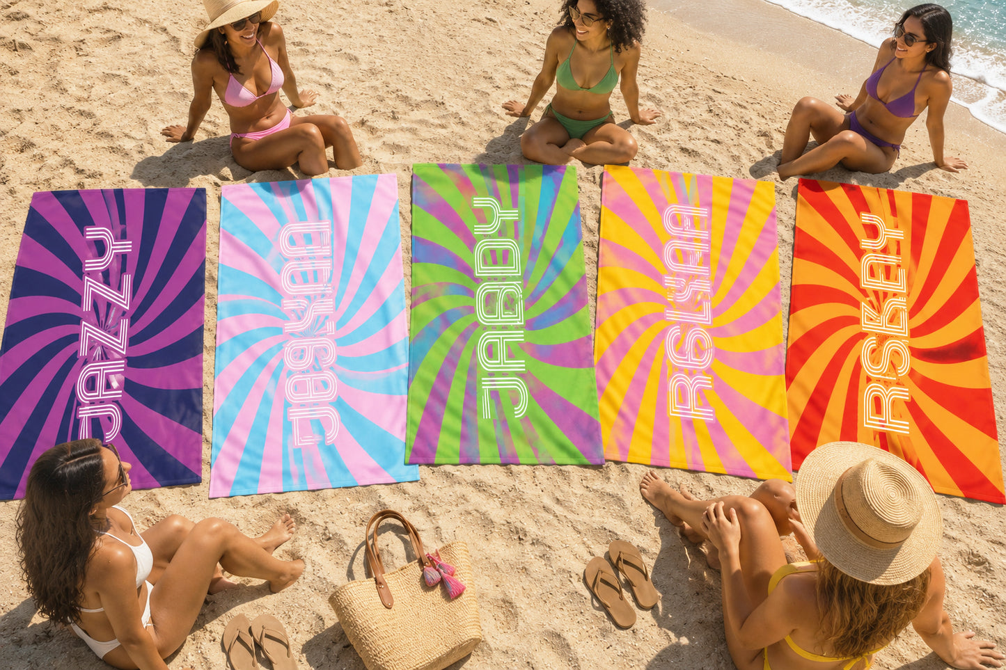 Personalized Retro Swirl Groovy Beach Towel | 1960s Inspired Style | Summer Vacation Towel Gift | Beach Trip Keepsake | Group Swim Keepsake