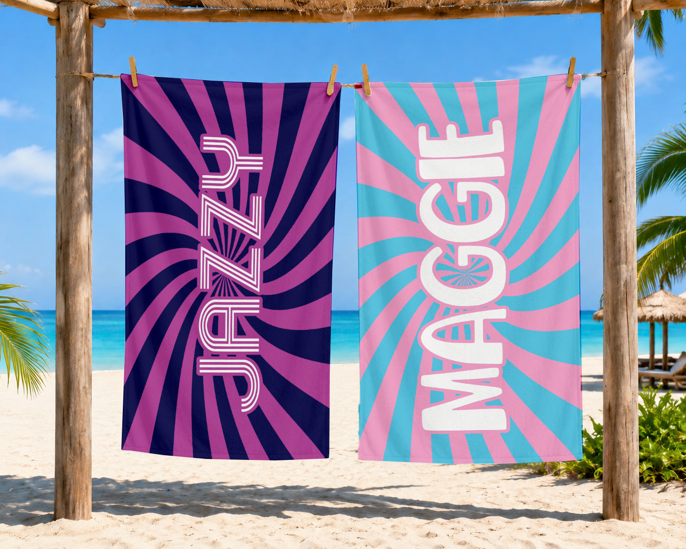 Personalized Retro Swirl Groovy Beach Towel | 1960s Inspired Style | Summer Vacation Towel Gift | Beach Trip Keepsake | Group Swim Keepsake