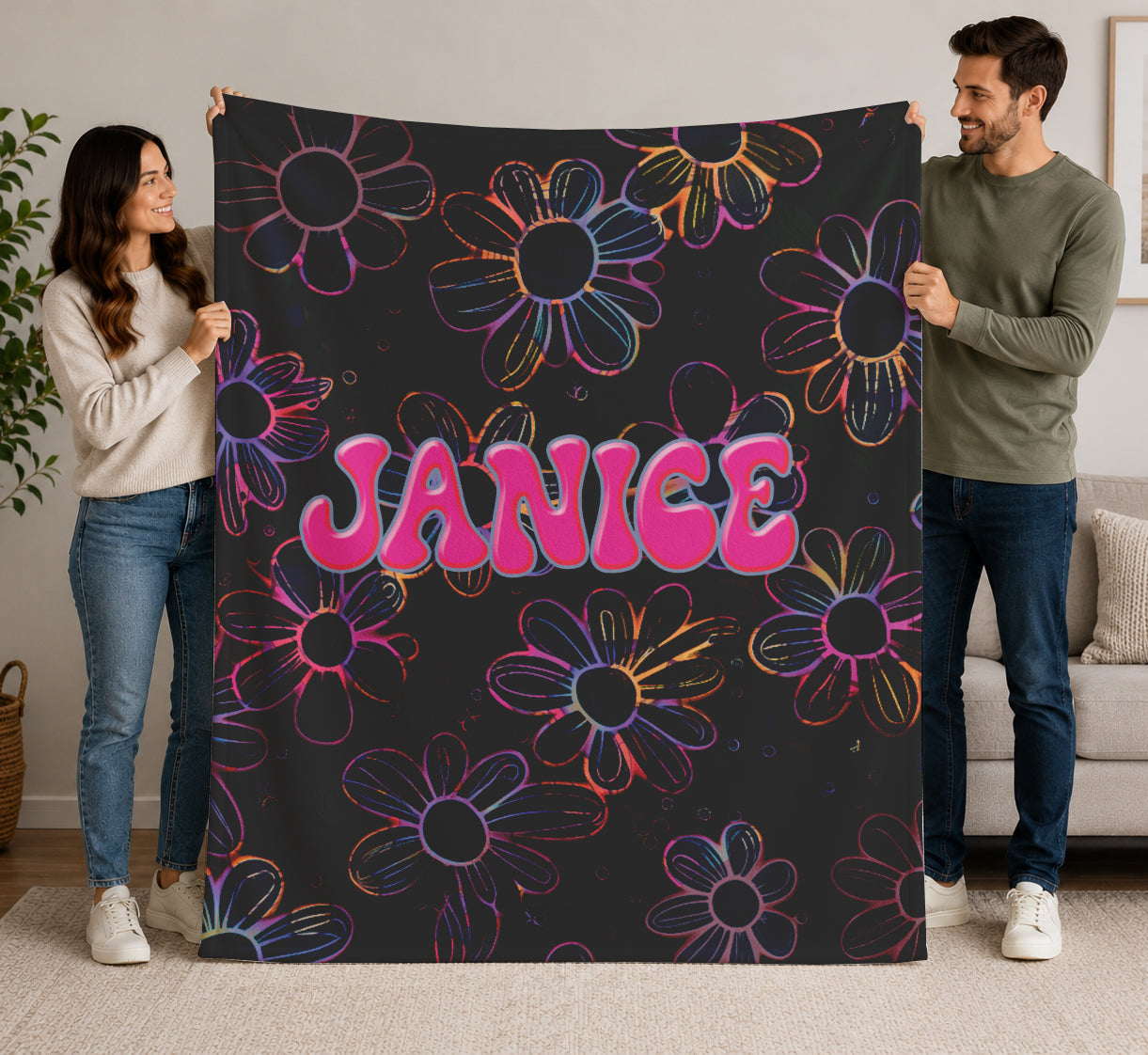 Personalized Neon Electric Floral Design with Name Blanket | Girls Custom Flower Throw | Fleece Gift for women and girls | Back to School