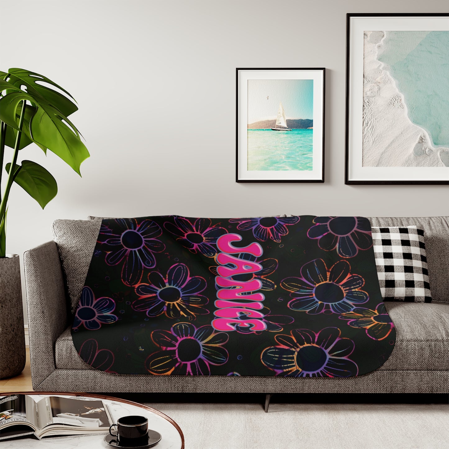 Personalized Neon Electric Floral Design with Name Blanket | Girls Custom Flower Throw | Fleece Gift for women and girls | Back to School