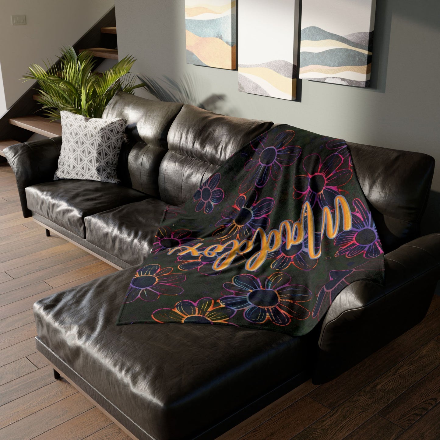Personalized Neon Electric Floral Design with Name Blanket | Girls Custom Flower Throw | Fleece Gift for women and girls | Back to School