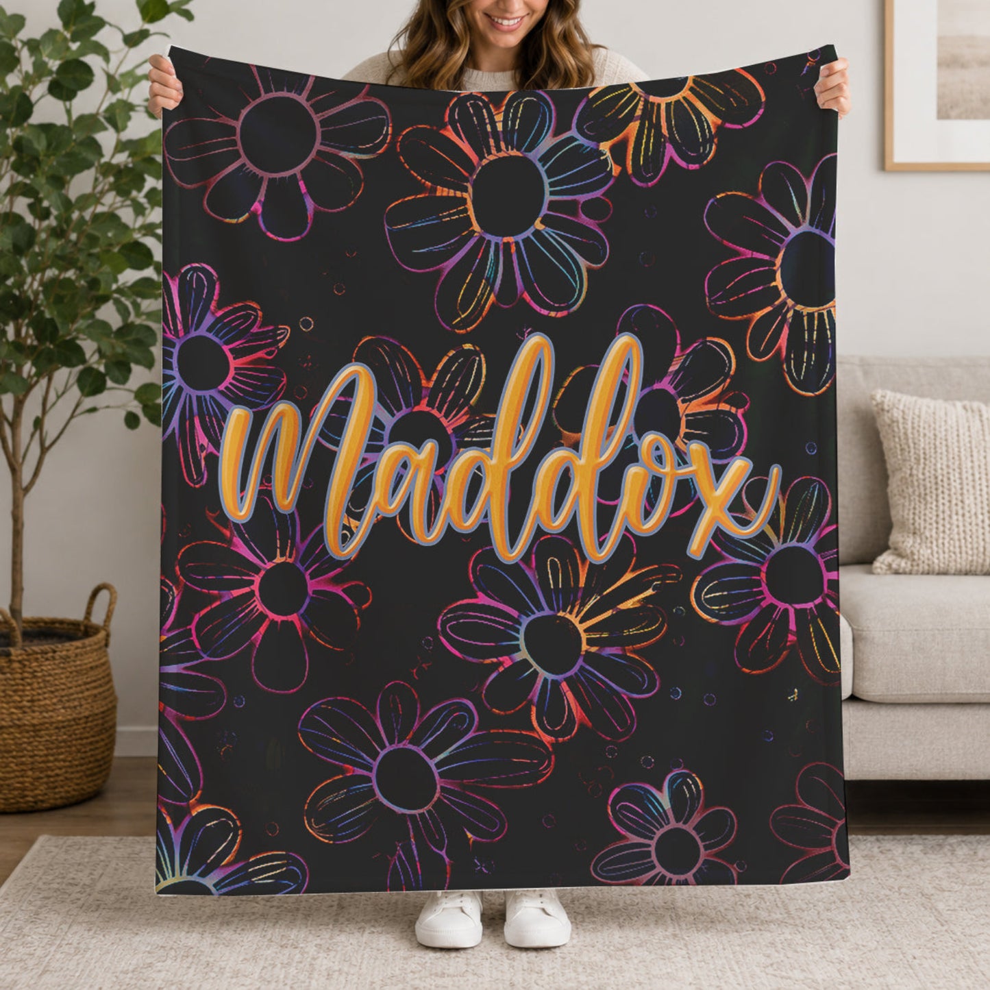 Personalized Neon Electric Floral Design with Name Blanket | Girls Custom Flower Throw | Fleece Gift for women and girls | Back to School