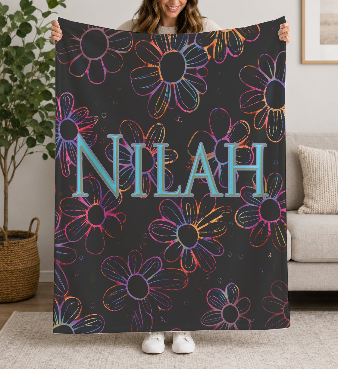 Personalized Neon Electric Floral Design with Name Blanket | Girls Custom Flower Throw | Fleece Gift for women and girls | Back to School