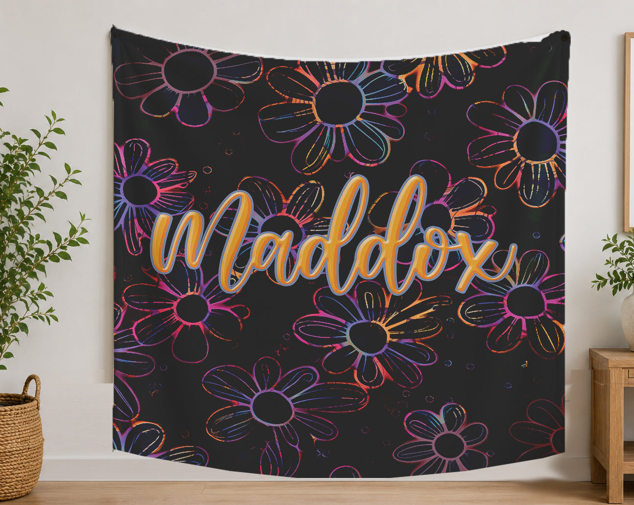 Personalized Neon Electric Floral Design with Name Blanket | Girls Custom Flower Throw | Fleece Gift for women and girls | Back to School