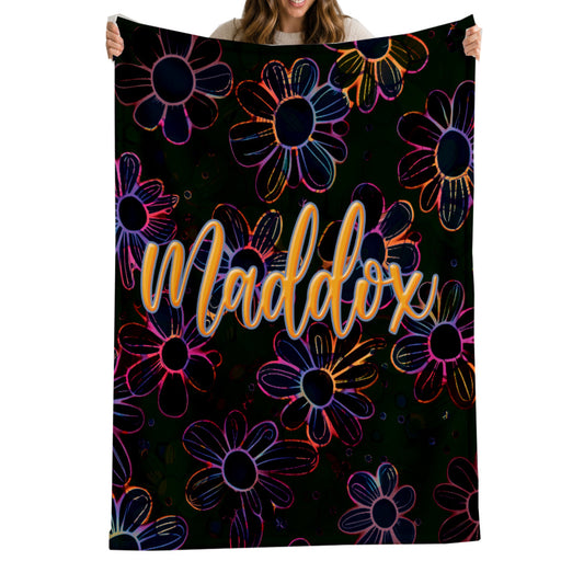 Personalized Neon Electric Floral Design with Name Blanket | Girls Custom Flower Throw | Fleece Gift for women and girls | Back to School