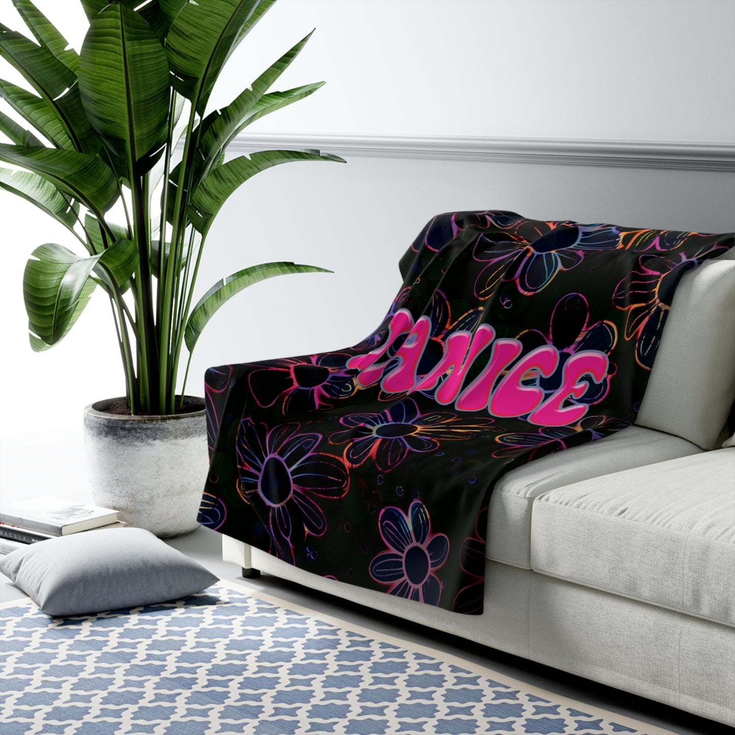 Personalized Neon Electric Floral Design with Name Blanket | Girls Custom Flower Throw | Fleece Gift for women and girls | Back to School