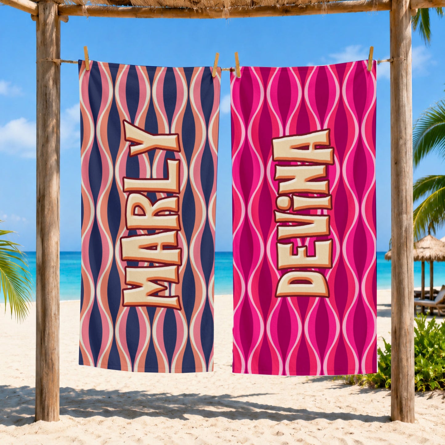 Personalized Retro Waves Beach Towel | Groovy Inspired Style | Summer Vacation Towel Gift | Beach Trip Keepsake | Swim Meets and Teams Gifts