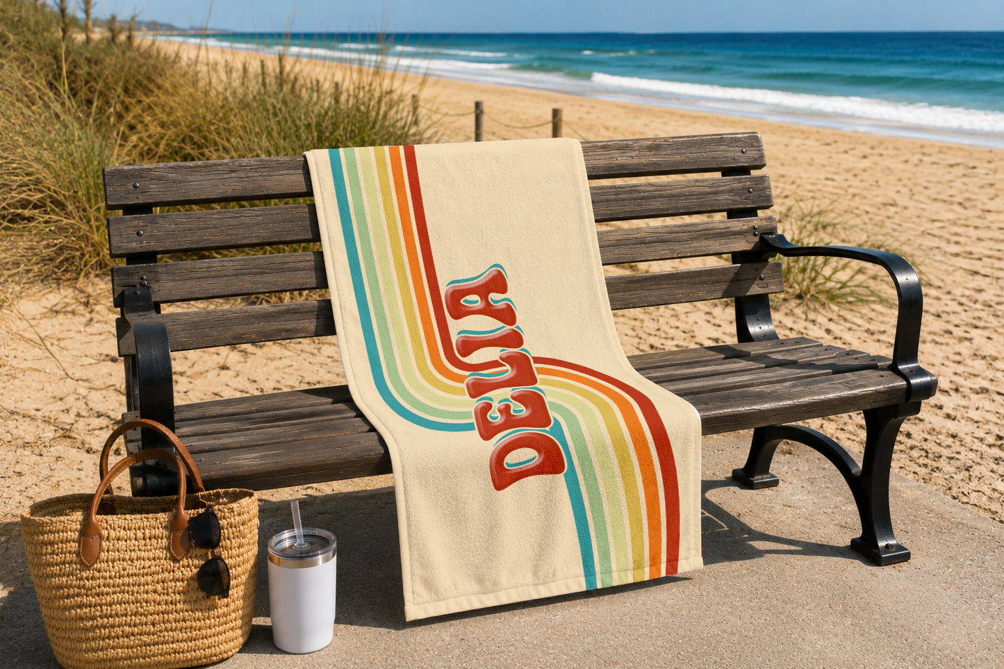 Personalized Retro Stripes Beach Towel | Groovy Inspired Style | Summer Vacation Towel Gift | Beach Trip Keepsake | Vintage Towel Gifts