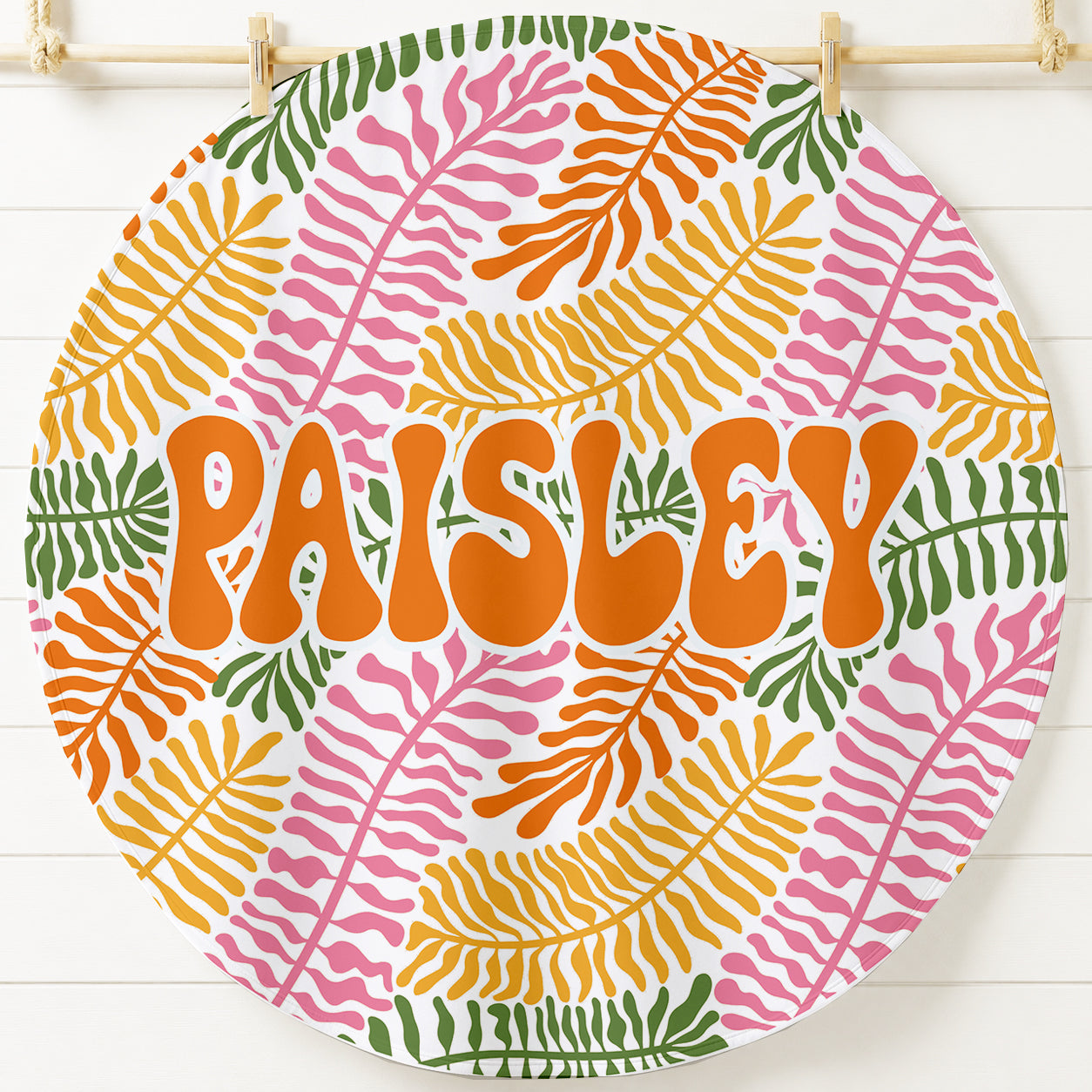 Custom Personalized Retro Sean Fern Round Beach Towel with Name | Sea Fauna Design | Summer Vacation | Back to School | Friends Beach Day