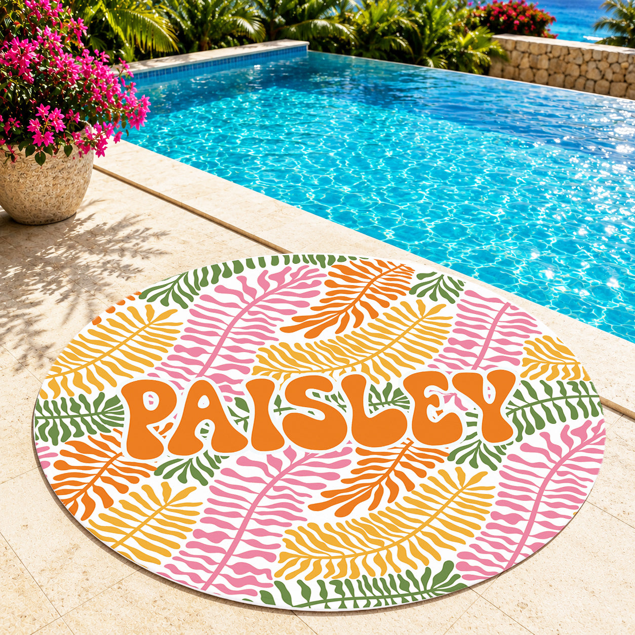 Custom Personalized Retro Sean Fern Round Beach Towel with Name | Sea Fauna Design | Summer Vacation | Back to School | Friends Beach Day