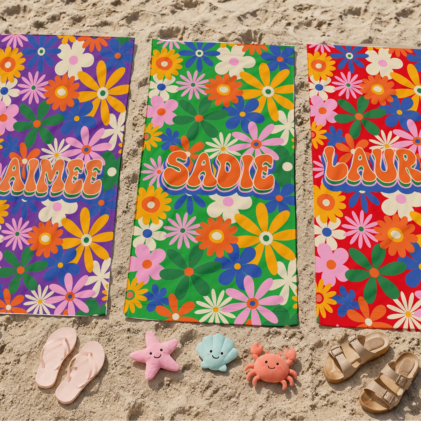 Personalized Summer Retro Floral Groovy Beach Towels | Poolside Keepsake | 1970's inspired style | Swim Team | Back to School Vacation Gift