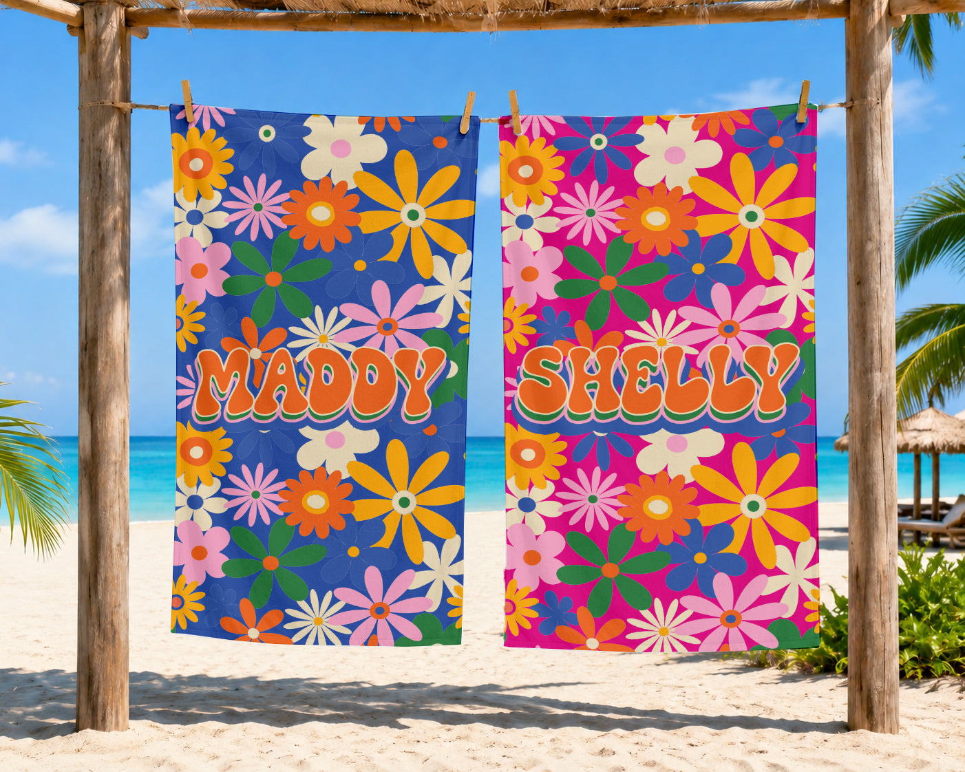 Personalized Summer Retro Floral Groovy Beach Towels | Poolside Keepsake | 1970's inspired style | Swim Team | Back to School Vacation Gift