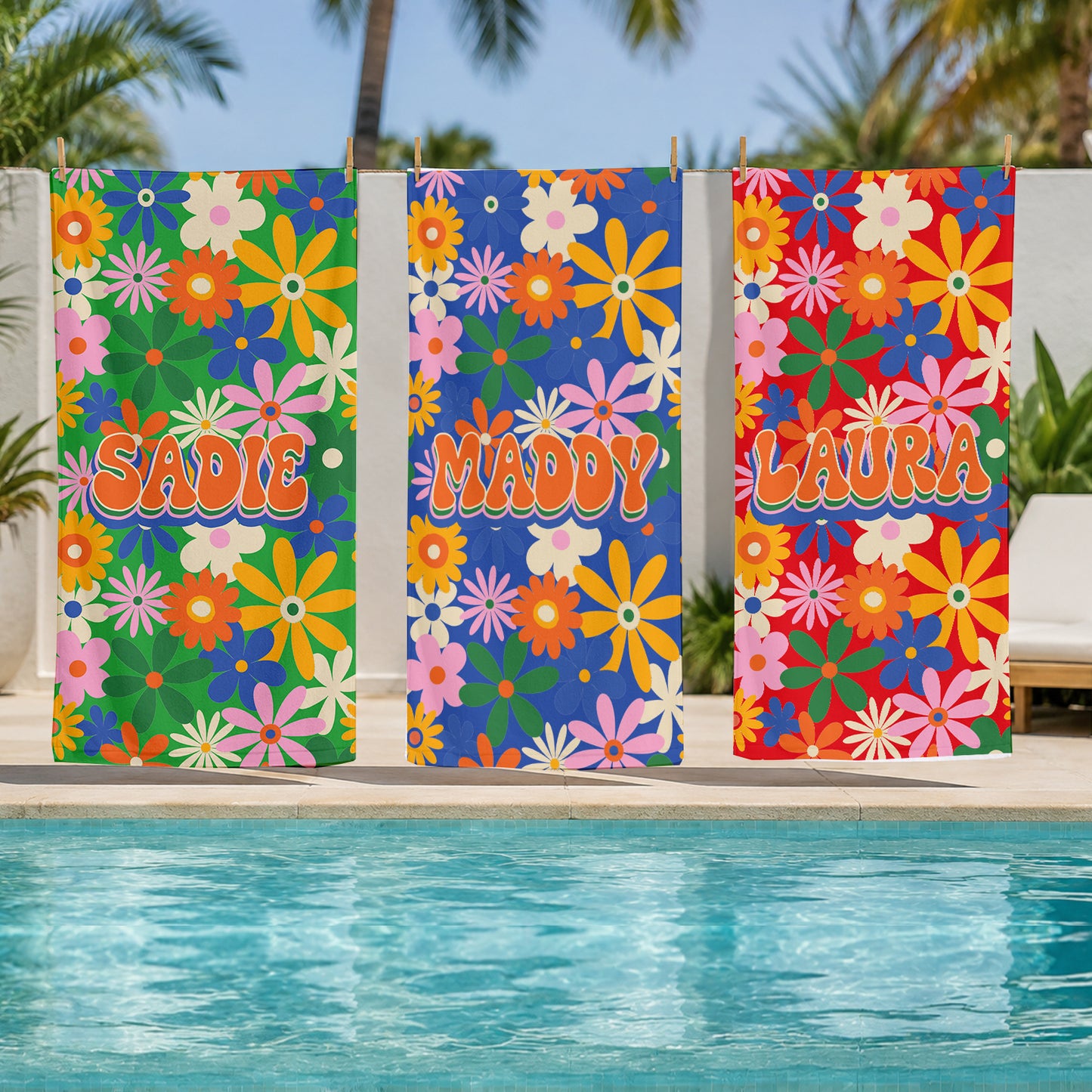 Personalized Summer Retro Floral Groovy Beach Towels | Poolside Keepsake | 1970's inspired style | Swim Team | Back to School Vacation Gift