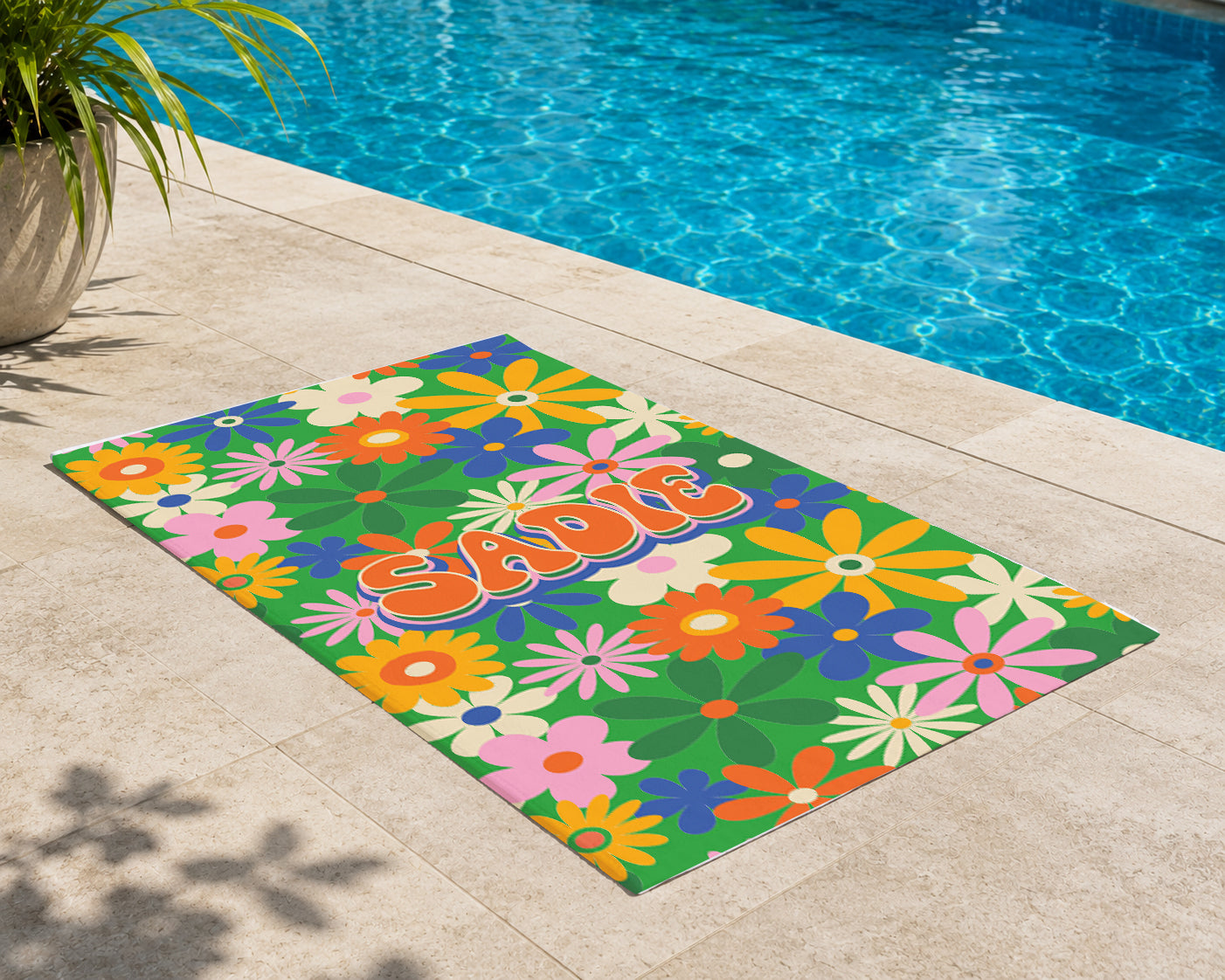 Personalized Summer Retro Floral Groovy Beach Towels | Poolside Keepsake | 1970's inspired style | Swim Team | Back to School Vacation Gift