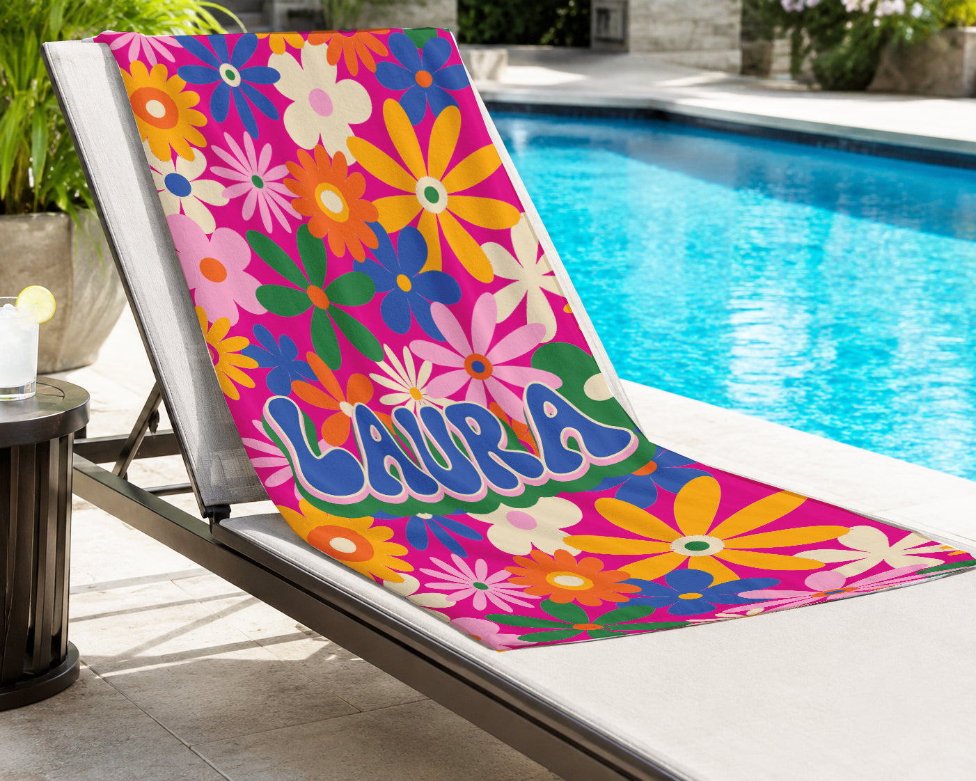Personalized Summer Retro Floral Groovy Beach Towels | Poolside Keepsake | 1970's inspired style | Swim Team | Back to School Vacation Gift