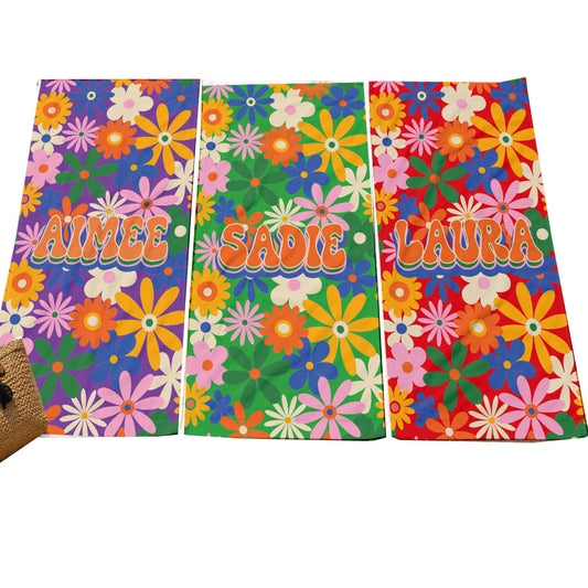 Personalized Summer Retro Floral Groovy Beach Towels | Poolside Keepsake | 1970's inspired style | Swim Team | Back to School Vacation Gift