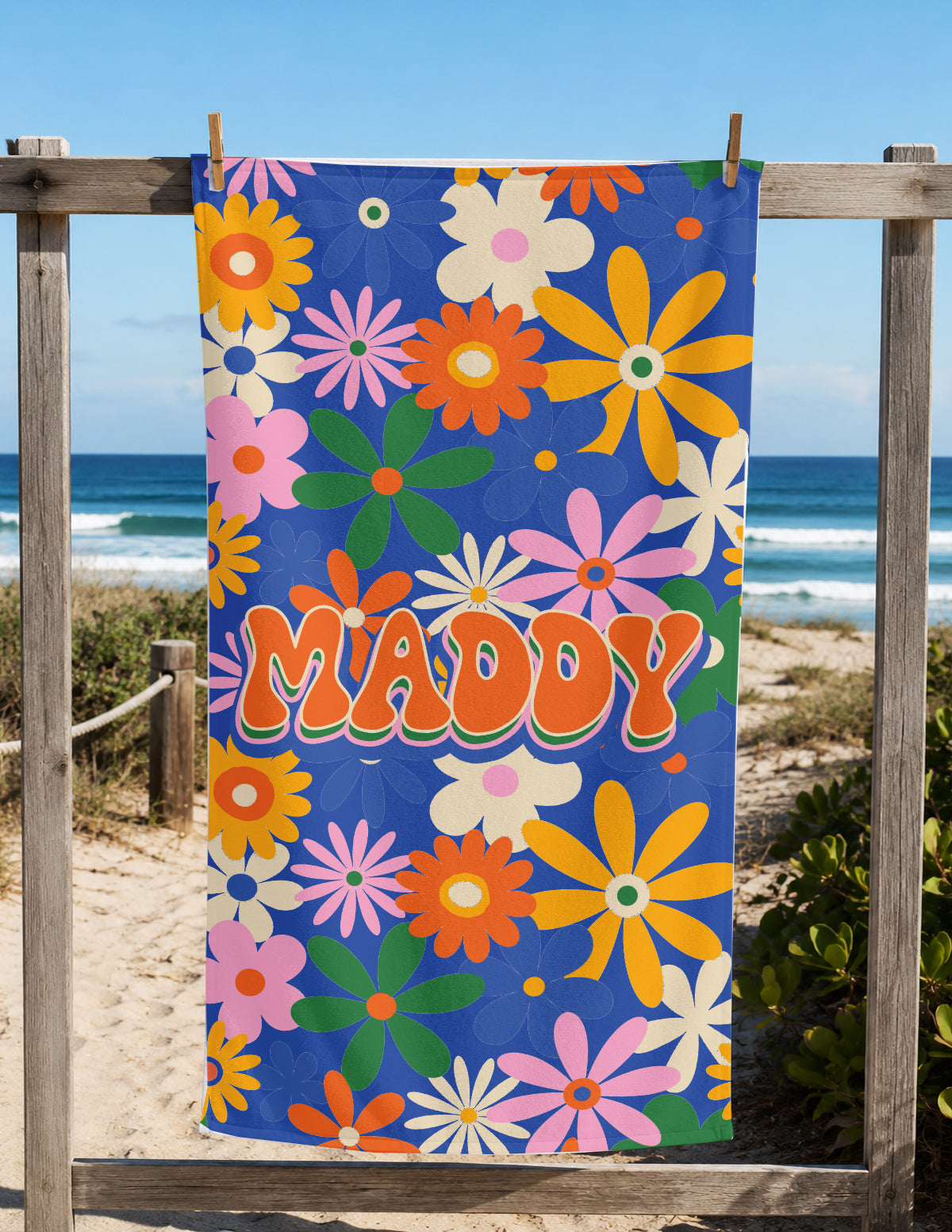 Personalized Summer Retro Floral Groovy Beach Towels | Poolside Keepsake | 1970's inspired style | Swim Team | Back to School Vacation Gift