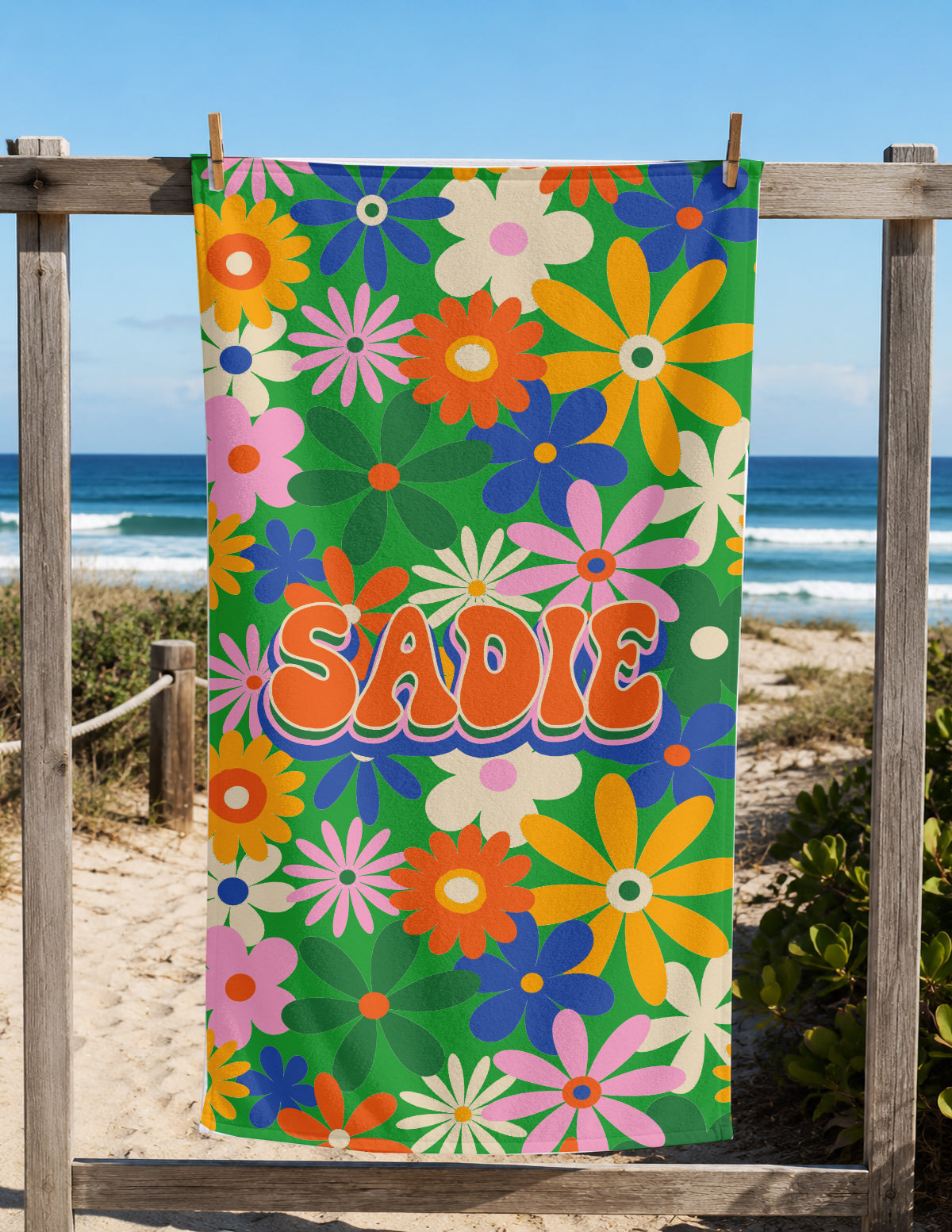 Personalized Summer Retro Floral Groovy Beach Towels | Poolside Keepsake | 1970's inspired style | Swim Team | Back to School Vacation Gift