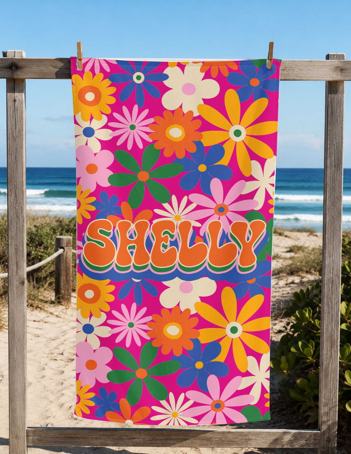 Personalized Summer Retro Floral Groovy Beach Towels | Poolside Keepsake | 1970's inspired style | Swim Team | Back to School Vacation Gift