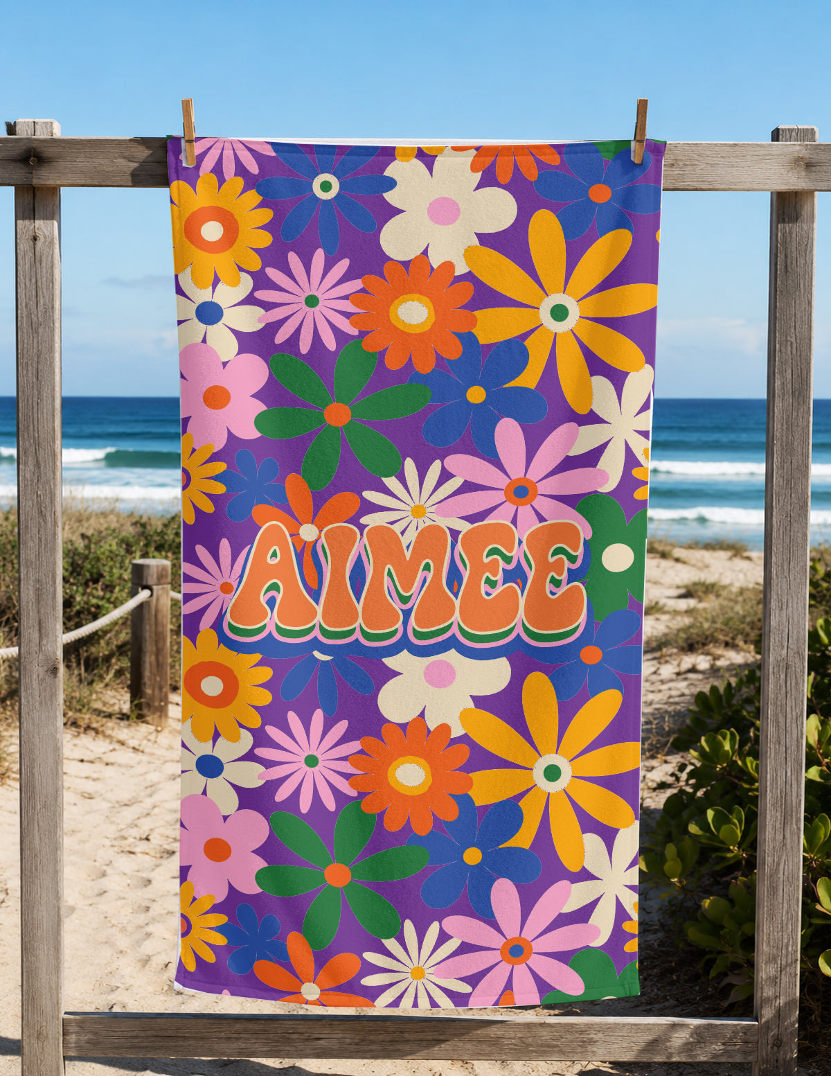 Personalized Summer Retro Floral Groovy Beach Towels | Poolside Keepsake | 1970's inspired style | Swim Team | Back to School Vacation Gift