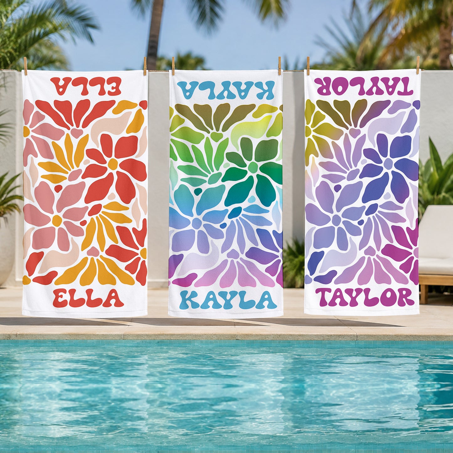 Personalized Retro Flower Watercolor Style Name Beach Towel | Floral Theme Feminine | Custom Summer Vacation Flowery Gift  | Girls Beach Day