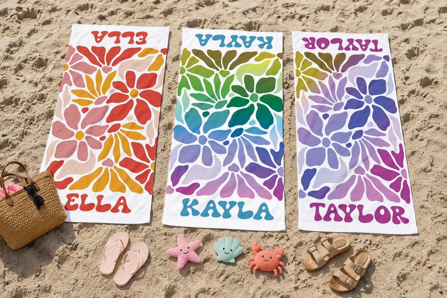 Personalized Retro Flower Watercolor Style Name Beach Towel | Floral Theme Feminine | Custom Summer Vacation Flowery Gift  | Girls Beach Day