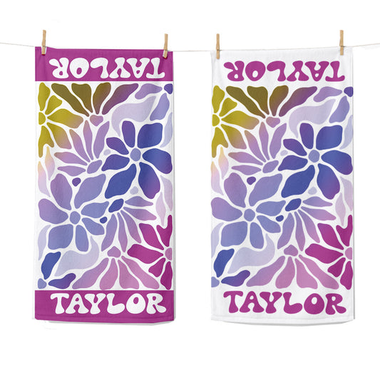 Personalized Retro Flower Watercolor Style Name Beach Towel | Floral Theme Feminine | Custom Summer Vacation Flowery Gift  | Girls Beach Day