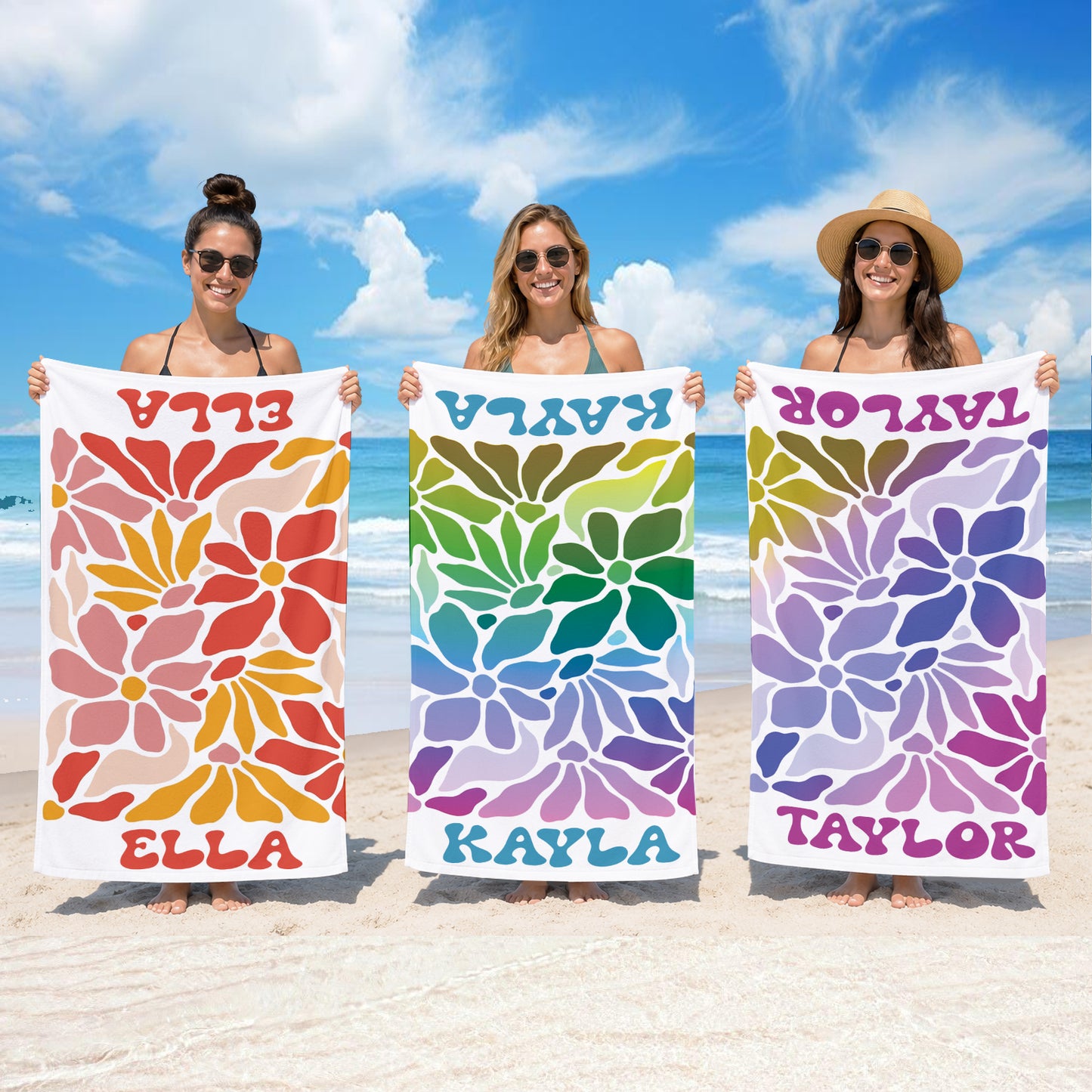 Personalized Retro Flower Watercolor Style Name Beach Towel | Floral Theme Feminine | Custom Summer Vacation Flowery Gift  | Girls Beach Day