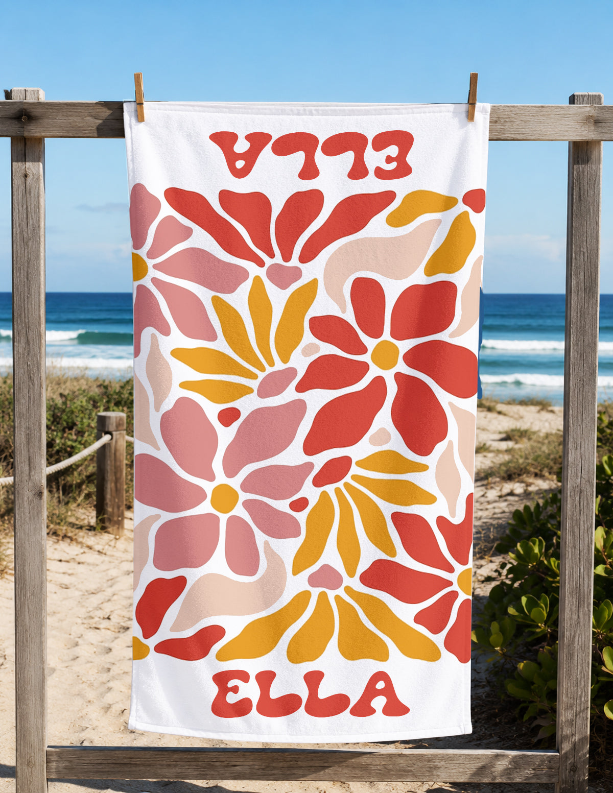 Personalized Retro Flower Watercolor Style Name Beach Towel | Floral Theme Feminine | Custom Summer Vacation Flowery Gift  | Girls Beach Day