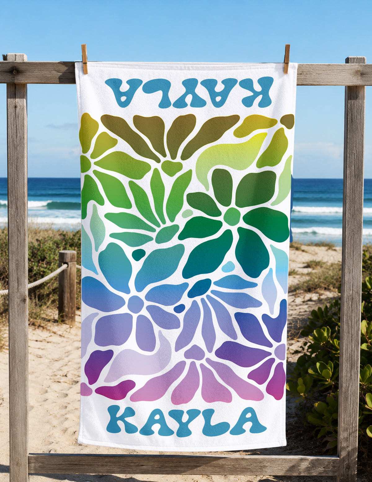 Personalized Retro Flower Watercolor Style Name Beach Towel | Floral Theme Feminine | Custom Summer Vacation Flowery Gift  | Girls Beach Day