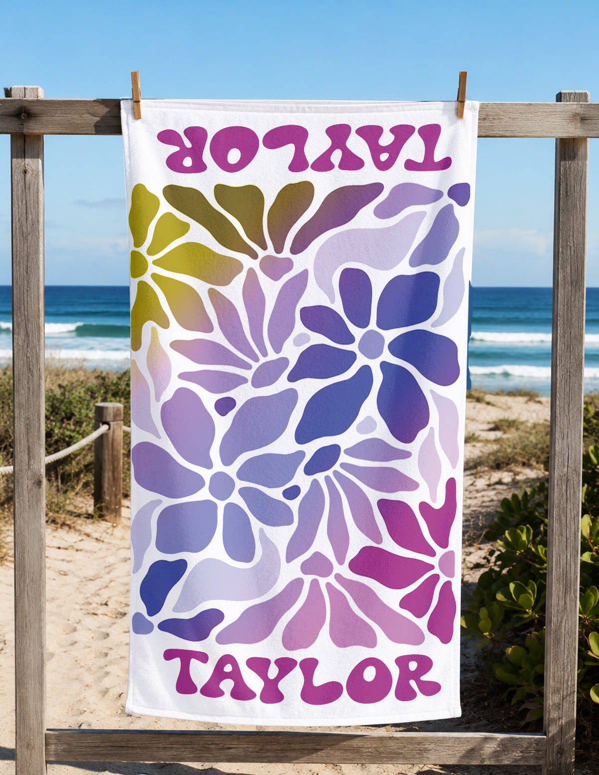 Personalized Retro Flower Watercolor Style Name Beach Towel | Floral Theme Feminine | Custom Summer Vacation Flowery Gift  | Girls Beach Day