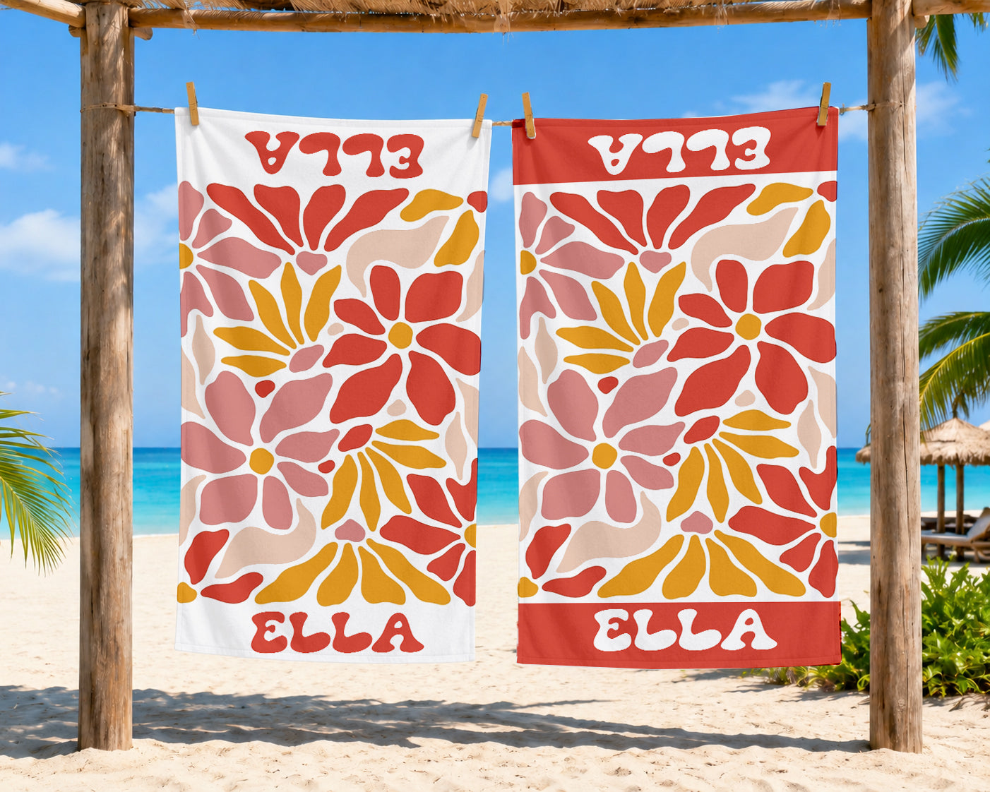 Personalized Retro Flower Watercolor Style Name Beach Towel | Floral Theme Feminine | Custom Summer Vacation Flowery Gift  | Girls Beach Day