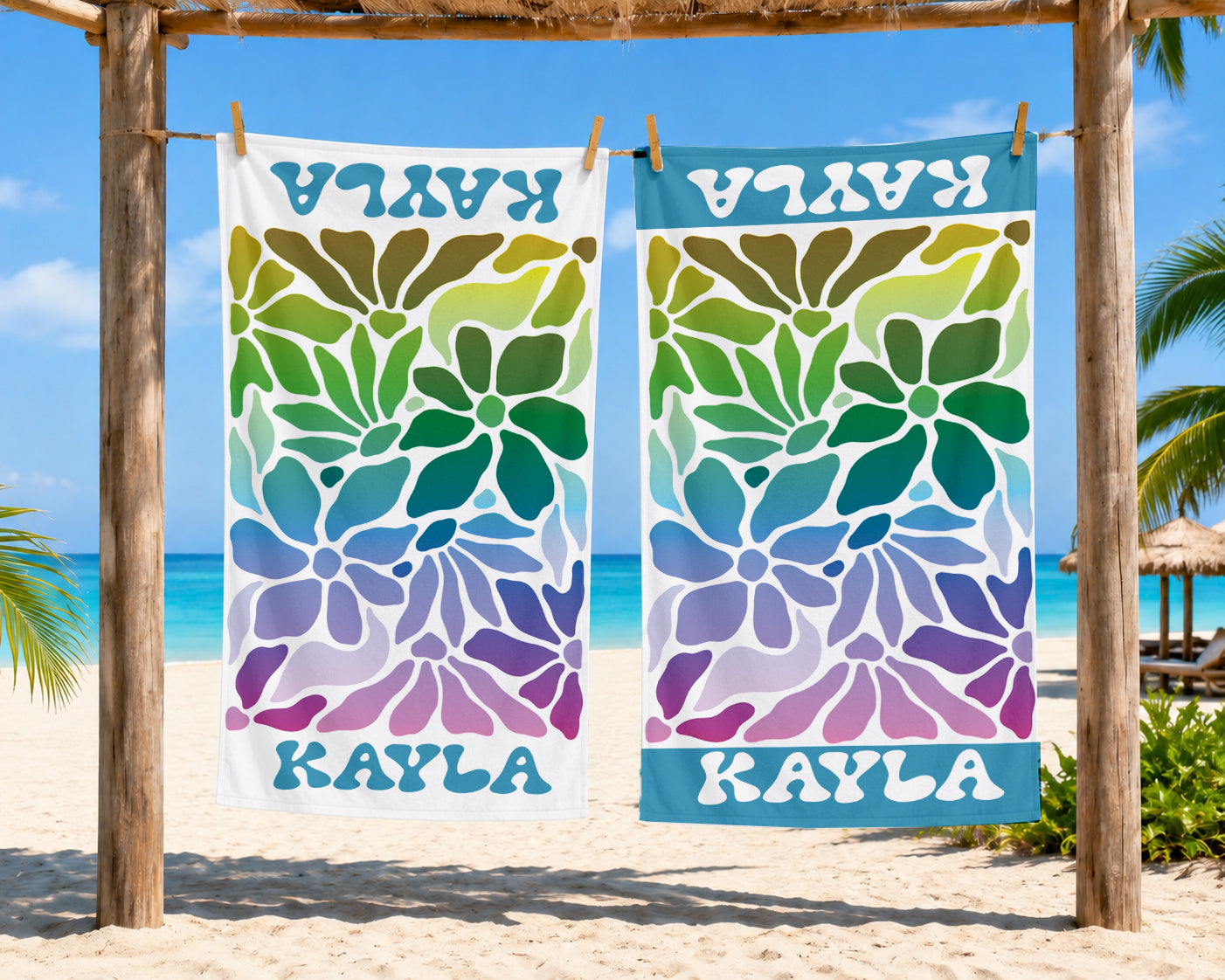 Personalized Retro Flower Watercolor Style Name Beach Towel | Floral Theme Feminine | Custom Summer Vacation Flowery Gift  | Girls Beach Day