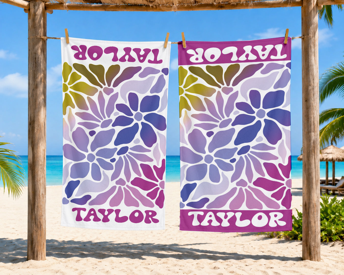 Personalized Retro Flower Watercolor Style Name Beach Towel | Floral Theme Feminine | Custom Summer Vacation Flowery Gift  | Girls Beach Day